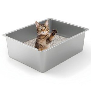 Kirecoo Stainless Steel Cat Litter Box - Metal High Sided Cat Litter Pan, Large Cat Litter Box, Indoor Litter Tray, Pet Toilet Supplies for Kitten, Kitty, Rabbit, Non Stick, No Smell, Easy to Clean