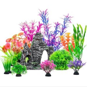 CousDUoBe 13Pcs Aquarium Plants Cave Rock Decor Set& Fish Tank Artificial PlasticPlants,Fish Tank Accessories Small Large Aquarium Decorations Kit