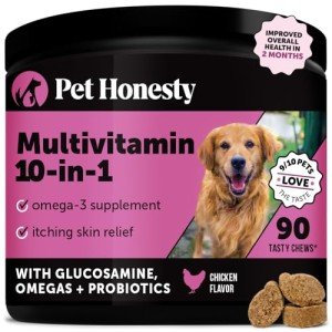 Pet Honesty Multivitamin Dog Supplement, Glucosamine chondroitin for Dogs, Probiotics, Omega Fish Oil, Dog Supplements & Vitamins, Dog Vitamins for Skin and Coat Allergies, (Chicken 90 ct)