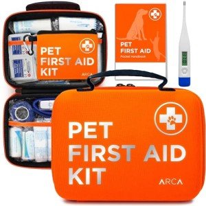 ARCA PET Dog First Aid Kit | Vet Approved Dog & Cat Emergency Supplies with Thermometer, Muzzle, Tick Removal, Flashlight, Mini Pouch, and Comprehensive Care Guide for Travel and Outdoor Use