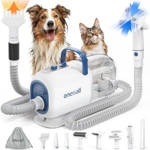 oneisall Dog Vacuum & Dryer for Shedding Grooming, 8 in 1 Pet Grooming Kit with Metal Blades, Adjustable Speed and Temperature Control, Low Noise for Long Hair Dogs and Cats, Hair Clippers, Dog Blower