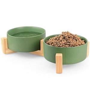 Ceramic Pet Bowls with Anti-Slip Wooden Stand
