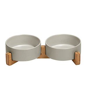 SpunkyJunky Matte Ceramic Pet Bowl with Wood Stand