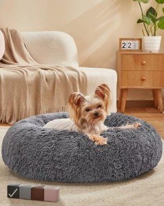 OhGeni Calming Donut Dog & Cat Bed, Machine Washable Plush Waterproof Zipper Cover, Anti-Slip Round Cuddle Comfort Pet Bed, Cozy Warming Fluffy Faux Fur Bed for Small Medium Dogs, Gray, 23 inches