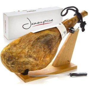 Serrano Ham Bone in from Spain 15-17 lb with Ham Stand & Knife - Cured Spanish Jamon with NO Nitrates or Nitrites all Natural - GMO Free and Gluten Free