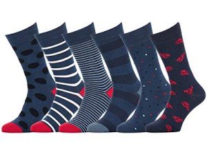 Easton Marlowe Mens Dress Socks - Fun Colorful Mens Socks - Cotton Patterned Fashion Socks for Men 6 Pack #32, Navy Blue White Red Lobsters Nautical 10-13