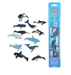 Wild Republic Whales and Dolphins Tube, Bottlenose, Spotted, White-sided Dolphins, Narwhal, Orca, Beluga, Humpback, Gray, Sperm Whales and Diver