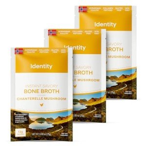 Identity Norwegian Bone Broth, Hydrolyzed Protein, 13g of Protein per Serving, Instant Absorption, Savory Bone Broth Powder Mix, Non-GMO, Gluten and Dairy Free, Perfect for Soup Base or Tasty Drink, Collagen Peptides (3 Pack, Chanterelle Mushroom)