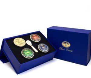 OLMA Prestige Collection Black Caviar Gift Box - Includes Beluga Sturgeon, Osetra, White Sturgeon, Siberian Osetra Aurora Roe & Mother of Pearl Serving Spoon - Overnight Delivery