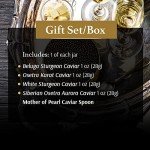 OLMA Prestige Collection Black Caviar Gift Box - Includes Beluga Sturgeon, Osetra, White Sturgeon, Siberian Osetra Aurora Roe & Mother of Pearl Serving Spoon - Overnight Delivery