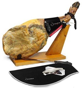 Iberico Ham (shoulder) Grass-fed Bone in from Spain + Ham Stand + Knife + Ham Cover + Ham Tongs - Jamon Iberico Pata Negra All Natural with Mediterranean Sea Salt