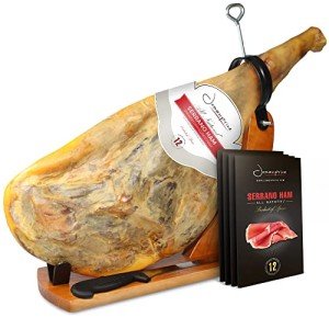 Jamonprive Serrano Ham Bone in from Spain 15-17 lb + Ham Stand + Knife & Spanish Serrano Ham Sliced Dry-Cured (12oz) - Cured Spanish Jamon with NO Nitrates or Nitrites All Natural - GMO & Gluten Free