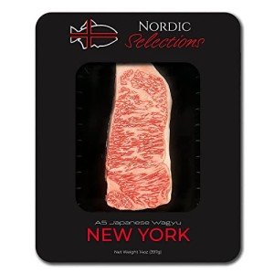 Nordic Catch - Grade A5 Japanese Wagyu Beef, New York Strip Steak Without Bone, Fresh Thick Cut, Two Portions of A5 Wagyu Steak, Skin-Packed 100% Authentic from Kagoshima Reserve - Great Gift, Ships Overnight (14oz)