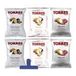 Torres Potato Chips 6-Pack with BAG CLIP 2 Cured Cheese Chips 50g/1.76oz, 2 Black Truffle Chips 40g/1.41oz, 2 Iberico Ham Chips 50g/1.76oz - Old-Fashioned Handcrafted Patatas Fritas - Product of Spain