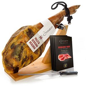 Serrano Ham Shoulder Bone in from Spain 10-11lb + Ham Stand + Knife & Spanish Serrano Ham Sliced Dry-Cured (12oz) - Cured Spanish Jamon with NO Nitrates or Nitrites All Natural - GMO & Gluten Free