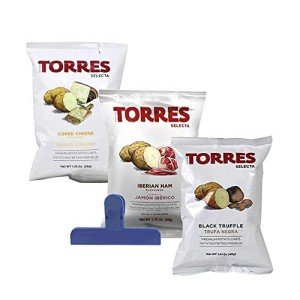 Torres Premium Potato Chips -FREE WORLD BAG CLIP - 1 Manchego Chips (50g/1.76oz), 1 Black Truffle Chips (40g/1.41oz), 1 Iberico Ham Chips (50g/1.76oz) - Handcrafted Patatas Fritas 3 Pack