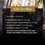 OLMA Noble Caviar Gift Set - 2 oz (56g) of Caviar, Includes Kaluga Royal, Siberian Osetra Aurora, Hackleback, Paddlefish, Serving Spoon & Blinis - Superior Grade Fresh Roe Fish Eggs