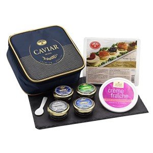 OLMA Regal Caviar Gift Set - 4 oz (112g) of Caviar, Includes Kaluga Royal, Siberian Osetra Aurora, Hackleback, White Sturgeon, Serving Spoon & Blinis - Superior Grade Fresh Roe Fish Eggs