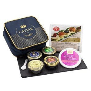 OLMA Supreme Caviar Gift Set - 8 oz (224g) of Caviar, Includes Beluga, Osetra, White Sturgeon, Siberian Osetra Aurora, Serving Spoon & Blinis - Superior Grade Fresh Roe Fish Eggs