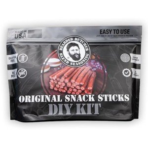 Bearded Butcher DIY Original Flavor Snack Sticks Kit – Seasons Up to 25 lbs of Meat for Homemade Snack Sticks – Perfect for Beef, Bison, Wild Game & More – Includes Original Seasoning, 17mm Mahogany Casings & Curing Salt – Customize with Cheese or Jalapeño for Extra Flavor – Perfect for DIY Enthusiasts
