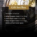 OLMA Gold Collection Black Caviar Gift Box - Includes 10.5 oz of Beluga Sturgeon, White Sturgeon, Osetra Caviar & Mother of Pearl Serving Spoon - Overnight Delivery