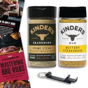 Kinder’s Premium BBQ Rub Seasoning 2 PK Choice Bundle (10.5 oz) – Includes Kinders Prime Steak with Black Garlic & Truffle and Buttery Steakhouse + Guide & Opener (4 Items)!