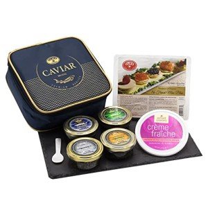 OLMA Majestic Caviar Gift Set - 8 oz (224g) of Caviar, Includes Kaluga Royal, Siberian Osetra Aurora, White Sturgeon, Paddlefish, Serving Spoon & Blinis - Superior Grade Fresh Roe Fish Eggs