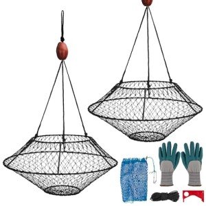 QualyQualy Crab Ring Trap Net, Ring Crab Kit Lobster Hoop, Portable Folded Crab Cage, Crabing Accessories with Bait, Heavy Crab Nets for Crabbing, 32" x16.5'', 2 Pack
