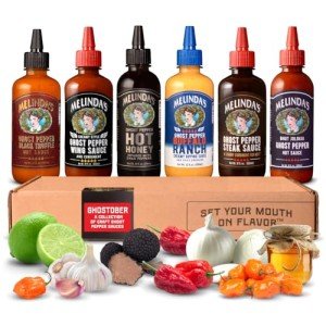 Melinda’s Ghost Pepper Collection - Ghost Pepper Hot Sauce Gift Set - Includes Ghost Pepper Hot Honey, Ghost Black Truffle Hot Sauce, Ghost Buffalo Ranch & More - 68 Fl Oz, 6 Pack