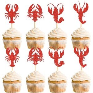 Cyodoos 24Pcs Crawfish Cupcake Toppers Lobster Cupcake Food Picks Bridal Shower Sea Animal Theme Baby Shower Kids Birthday Party Cake Decorations Supplies