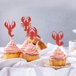Cyodoos 24Pcs Crawfish Cupcake Toppers Lobster Cupcake Food Picks Bridal Shower Sea Animal Theme Baby Shower Kids Birthday Party Cake Decorations Supplies