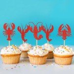 Cyodoos 24Pcs Crawfish Cupcake Toppers Lobster Cupcake Food Picks Bridal Shower Sea Animal Theme Baby Shower Kids Birthday Party Cake Decorations Supplies