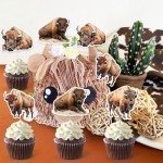 Wonmelody Bison Party Decor Bison Cupcake Topper Wild Animal Birthday Party Supply Western Farm Animal Cake Topper Bison Birthday Decor for Baby Shower Western Farm Animals 1st 2nd 3rd Birthday