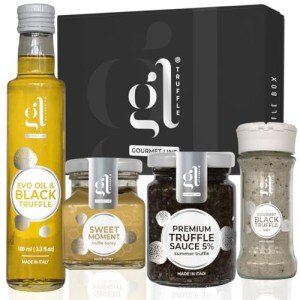 Gourmet Truffle Box Set, "Selection" With Recipes Book Gift Set - Extra Virgin Olive Oil & Black Truffle (with Truffle Slice), Premium Truffle Sauce 5%, Truffle Honey, Black Truffle Salt - Italian Gifts. GL Truffle Gourmet Line