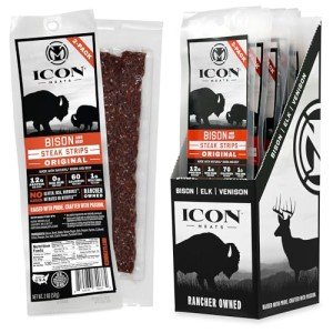 ICON Meats Bison and Beef Jerky Steak Strips - Original Flavor - 8 Packs Per Box, 2 Strips Per Pack, USDA Approved, All Natural Meat Sticks, Diet Friendly, High Protein, Low Calorie, Low Sugar