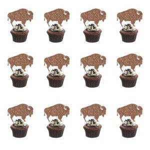 24Pcs Brown Bison Cake Decorations, Buffalo Cake Topper, Glitter Western Bison Cake & Cupcake Topper for Boys Baby Shower Western Farm Animals Theme Wild West Party Decoration Supplies