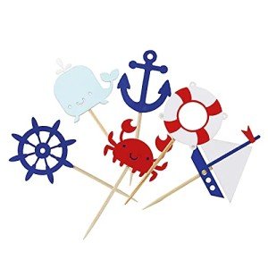 Confetti! 24 Pieces Nautical Cupcake Toppers for Ocean Sailing Theme Party Birthday Party Baby Shower Wedding Party Decorations (Sailboat, Whale, Crab, Anchor, Life Ring, Helm)
