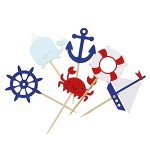 Confetti! 24 Pieces Nautical Cupcake Toppers for Ocean Sailing Theme Party Birthday Party Baby Shower Wedding Party Decorations (Sailboat, Whale, Crab, Anchor, Life Ring, Helm)