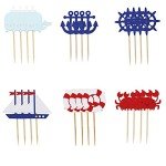 Confetti! 24 Pieces Nautical Cupcake Toppers for Ocean Sailing Theme Party Birthday Party Baby Shower Wedding Party Decorations (Sailboat, Whale, Crab, Anchor, Life Ring, Helm)