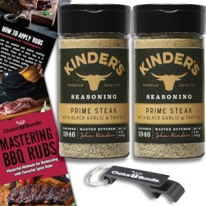 Kinder’s Prime Steak with Black Garlic & Truffle Rub Premium Barbecue Seasoning BBQ Spice 2 pk Choice Bundle (10 oz) + BBQ Guide & Keychain Bottle Opener (4 Items)!