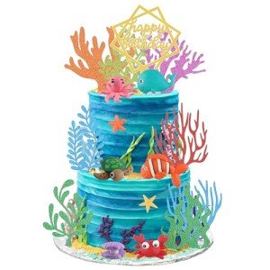 Sea Ocean Cake Toppers Under the Sea Cake Decorations with Turtle Octopus Whale Crab Starfish Fish for Sea Theme Birthday Party Baby Shower (Ocean)