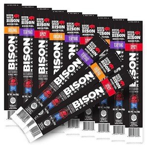 Buck Wild Bison, Bison Meat Stick, 8 Grams of Pure Bison Protein, Pasture Raised, Made in the USA, Incredible Taste, Beef Added (12 Sticks, Variety)