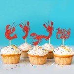 Ercadio 24 Pack Crawfish Cupcake Toppers Red Glitter Lobster Cupcake Picks Ocean Lobster Theme Party Baby Shower Birthday Party Cake Decorations Supplies