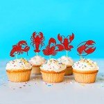 Keaziu 35 Pack Crawfish Cupcake Toppers Red Lobster Cupcake Picks Sea Animal Theme Baby Shower Kids Boy Girl Birthday Party Cake Decorations Supplies