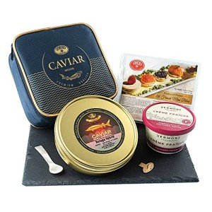 OLMA Beluga Hybrid Caviar Gift Set - Includes 250g Metal Tin Beluga Fish Roe, Mini Blinis, Creme Fraiche & Mother of Pearl Serving Spoon - Rated Top Black Caviar in the World