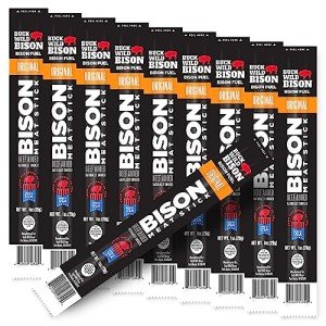 Buck Wild Bison, Bison Meat Stick, 8 Grams of Pure Bison Protein, Pasture Raised, Made in the USA, Incredible Taste, Beef Added (10 Sticks, Original)