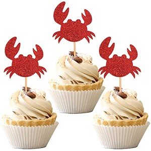 24 Red Glitter Crab Cupcake Toppers for Parties