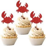 24 Red Glitter Crab Cupcake Toppers for Parties