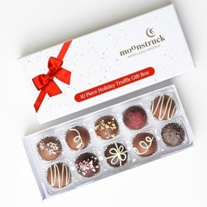 Moonstruck Chocolate 10-Piece Holiday Chocolate Truffle Gift Box and Stocking Stuffer - Assorted Flavors: Gingerbread, Pistachio, Vanilla Bean, Coconut Snowball, Butter Rum, Peppermint, Apple Pie, Blackberry