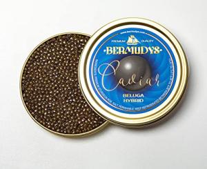 Bermudys Beluga Hybrid Caviar, 100g/3.5oz Tin. Famous Sturgeon Caviar Black Malossol Huso x Baerii Roe, From dark brown to light golden